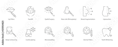 Lip Fillers, Facelift, Eyelid Surgery, Rhinoplasty, Breast Augmentation, Liposuction, Body Contouring, CoolSculpting, and Teeth Whitening Vector Icon Set
