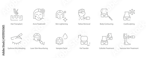 Hair Transplant, Acne Treatment, Skin Lightening, Tattoo Removal, Body Contouring, Eyebrow Microblading, and Vampire Facial Vector Icon Set