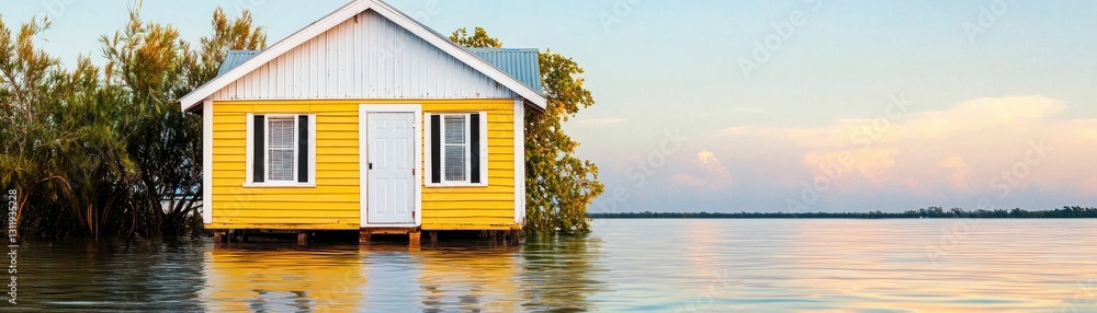 Fototapeta premium A vibrant yellow house stands gracefully above water with a serene landscape backdrop.