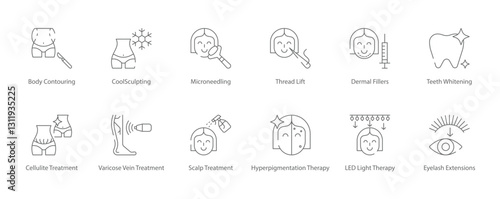 Body Contouring, CoolSculpting, Microneedling, Thread Lift, Dermal Fillers, Teeth Whitening, Cellulite and Varicose Vein Treatment Vector Icon Set