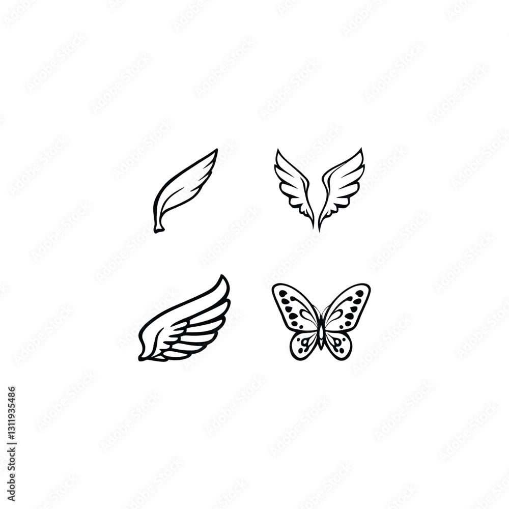 Fototapeta premium Elegant Line Art Butterfly Wings Vector - Four Distinct Wing Designs in Black and White