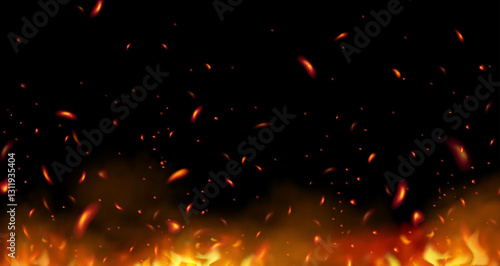Burning hot sparks effect, Flame with sparks smoke flying in the air. glowing particles, heat embers. Realistic Flame of fire on a black background. Campfire border