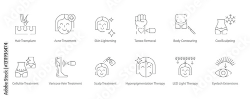 Hair Transplant, Acne Treatment, Skin Lightening, Tattoo Removal, Body Contouring, CoolSculpting, Cellulite and Varicose Vein Treatment Vector Icon Set