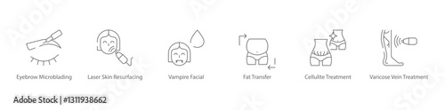 Eyebrow Microblading, Laser Skin Resurfacing, Vampire Facial, Fat Transfer, Cellulite and Varicose Vein Treatment Vector Icon Set