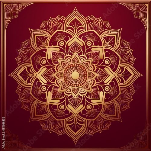 Elegant Arabic Mandala Background in Luxurious Gold and Red Tones. Refined Decorative Arabic Mandala with Traditional Floral Elements