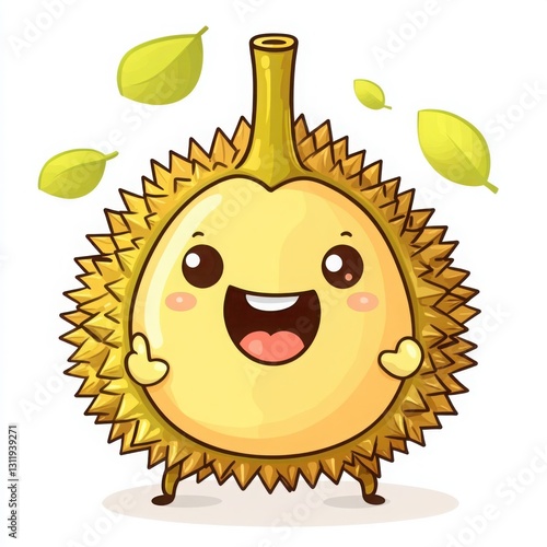 Obraz na płótnie Cartoon sun with a happy face and green leaf alongside a cute fun durian illustration in flat design w salonie