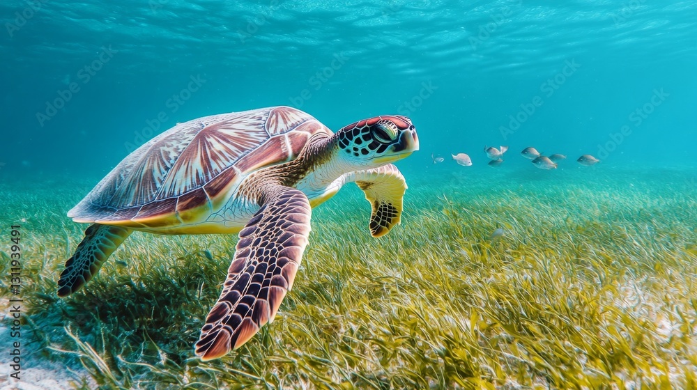 Fototapeta premium Gliding sea turtle ocean depths marine life imagery underwater environment serene perspective nature's beauty