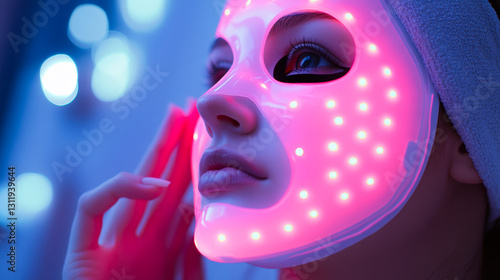 A woman applies skincare products while wearing a glowing LED mask at home, enhancing her beauty routine in the cozy evening light