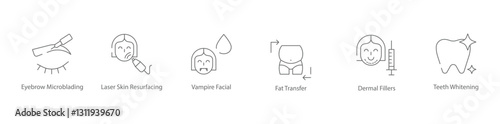 Eyebrow Microblading, Laser Skin Resurfacing, Vampire Facial, Fat Transfer, Dermal Fillers and Teeth Whitening Cosmetic Treatment Icon Set
