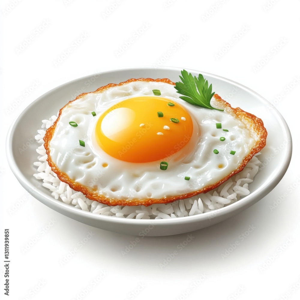 Fried egg served on a plate of rice showcasing a delicious meal perfect for breakfast or lunch
