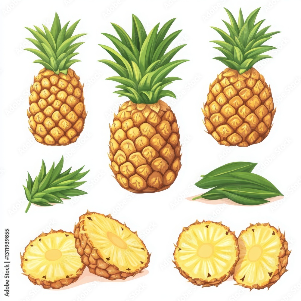 Vector illustration of pine fruits including pine cones and fresh pineapples on a white background