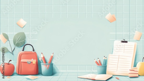 Desk setup featuring notebook pencils bag and school-themed border design with blank space for text