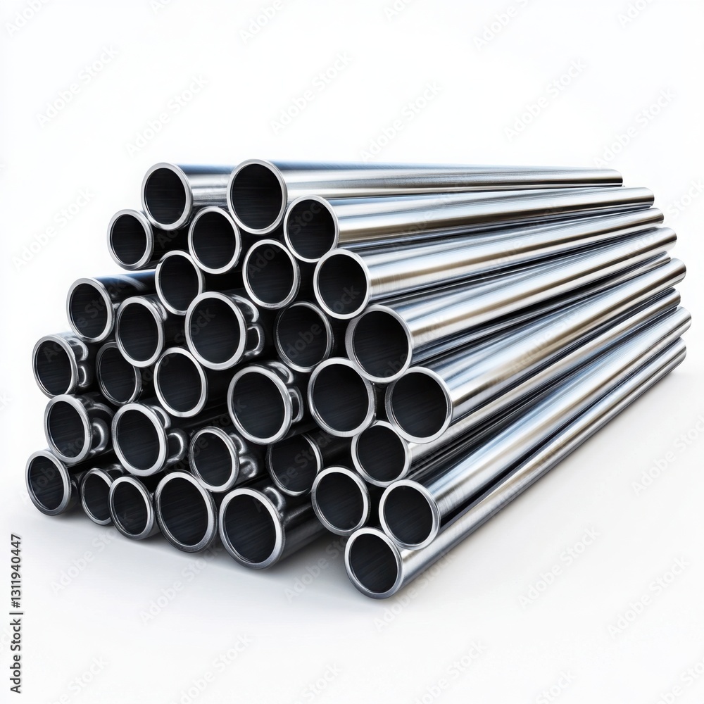 Stacked pile of stainless steel pipes arranged neatly on a clear white background for industrial use