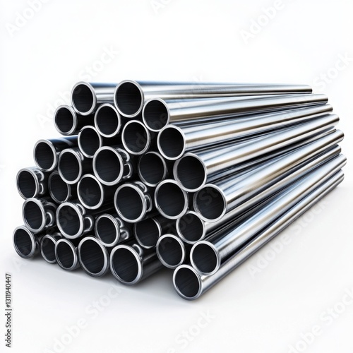 Obraz na płótnie Stacked pile of stainless steel pipes arranged neatly on a clear white background for industrial use w salonie
