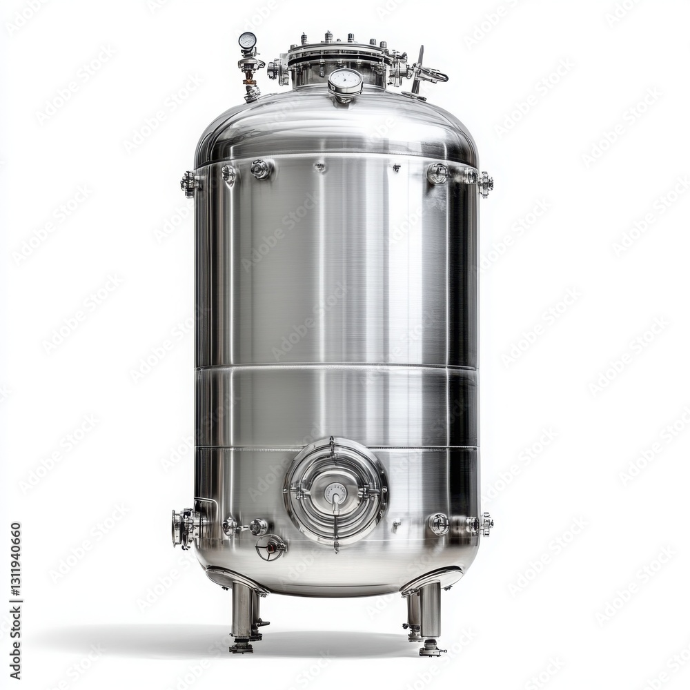 Stainless steel high-pressure tank with large metal tank on clear white background