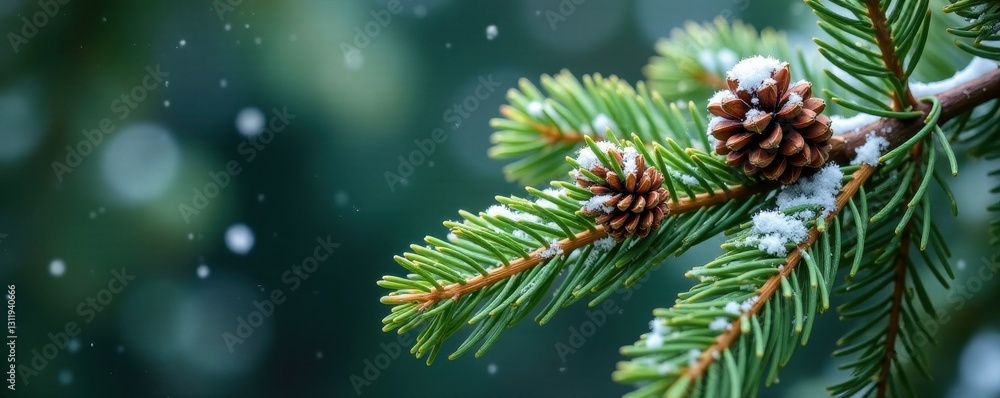 Green pine bough with snow, pinecones in focus, photography, cold, detail Green pine bough with snow, pinecones in focus, photography, cold, detail