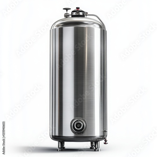 Stainless steel water tank with black lid and clear white background for drinking water storage