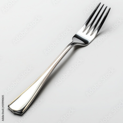 Stainless steel fork and knife placed on a clear white background for culinary presentation or design