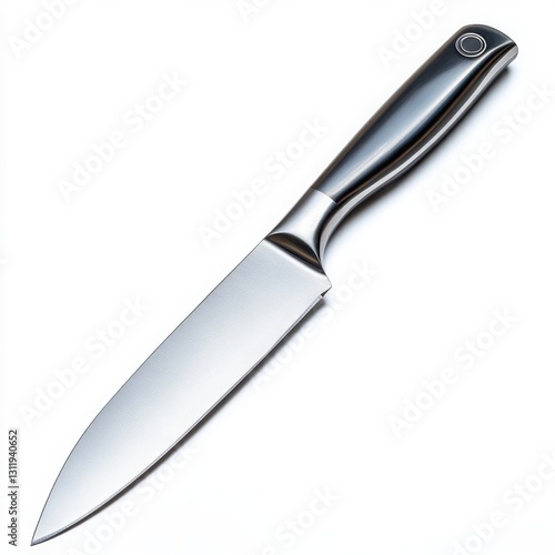 Obraz na płótnie Stainless steel kitchen knife placed on a clean white background with a sharp blade and ergonomic handle w salonie