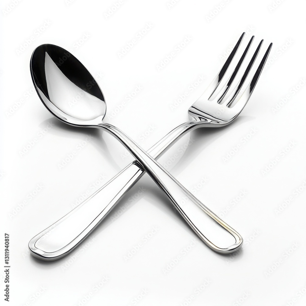 Fork and knife with stainless steel spoon on a clear white background for dining or kitchen setting