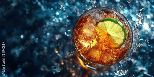 Wallpaper Mural Refreshing cocktail served with ice and a slice of lime against a vibrant blue background Torontodigital.ca