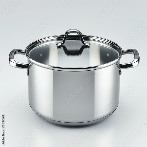 Stainless steel pot with lid and cookware set on a clean white background for culinary use