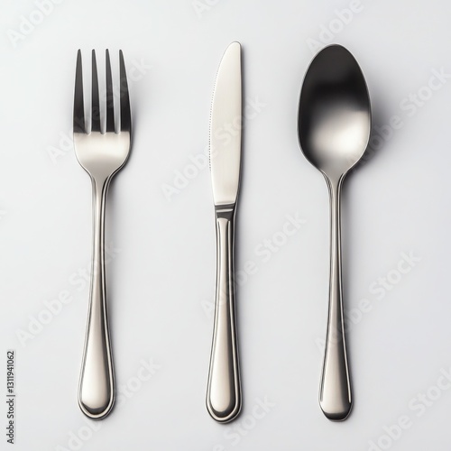 Set of stainless steel cutlery including knife and spoon on a clear white background