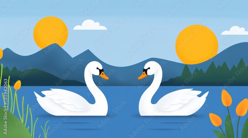 Fototapeta premium Serene Swans Floating on a Calm Lake Surrounded by Nature