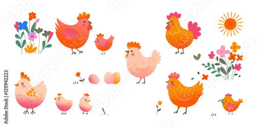 Collection of hen and chicks isolated on white background. Bundle of cute lovely family of domestic fowl or poultry birds. Childish flat cartoon vector easter inspired.