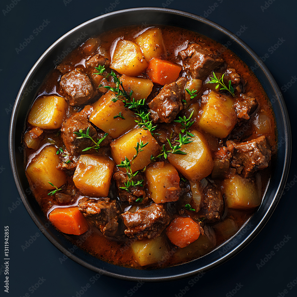 a bowl of beef and potato ragout, rich in meat cubes and vegetables, a bowl of beef and potato ragout, rich in meat cubes and vegetables,
