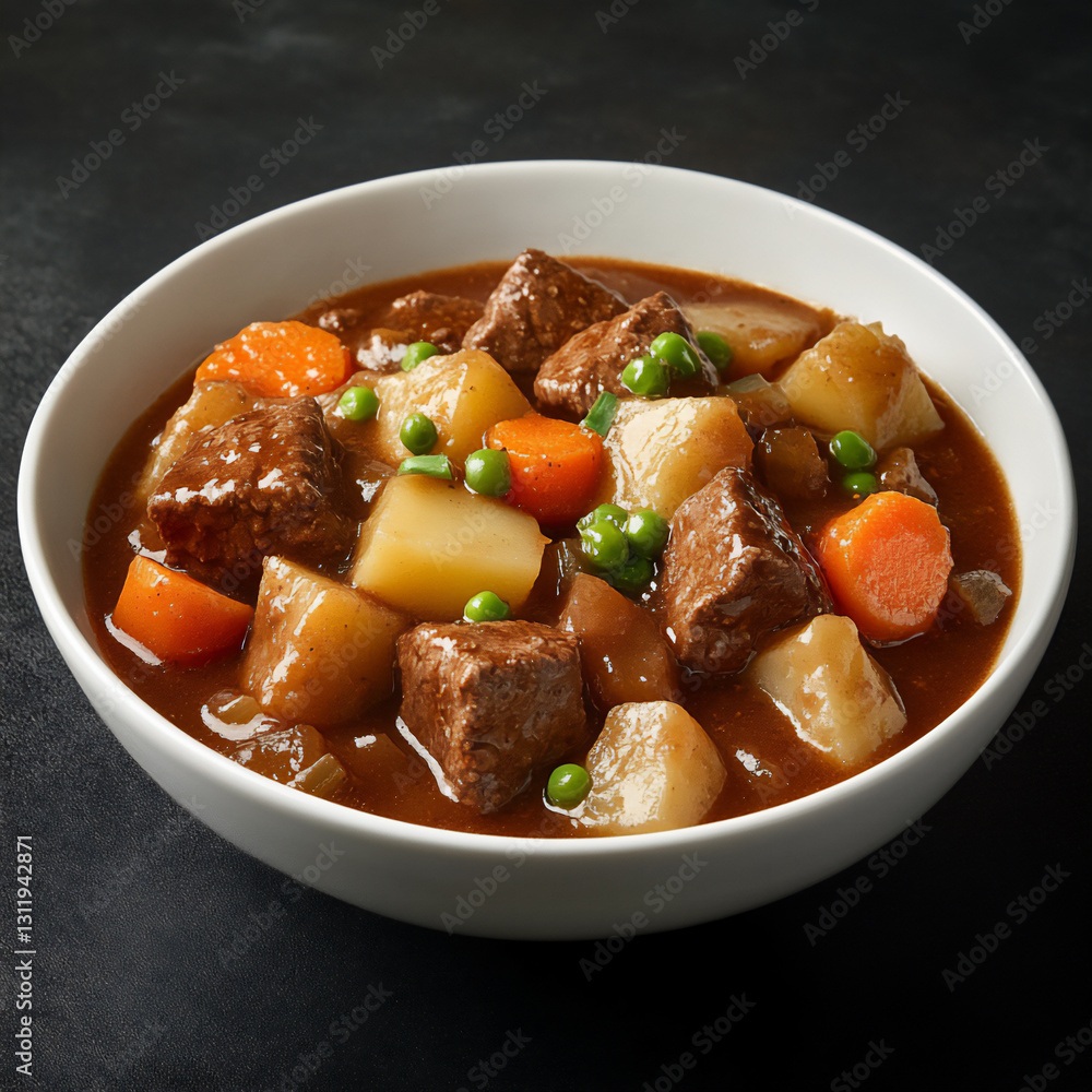 a bowl of beef and potato stew, rich in colors with large meat cubes, a bowl of beef and potato stew, rich in colors with large meat cubes,