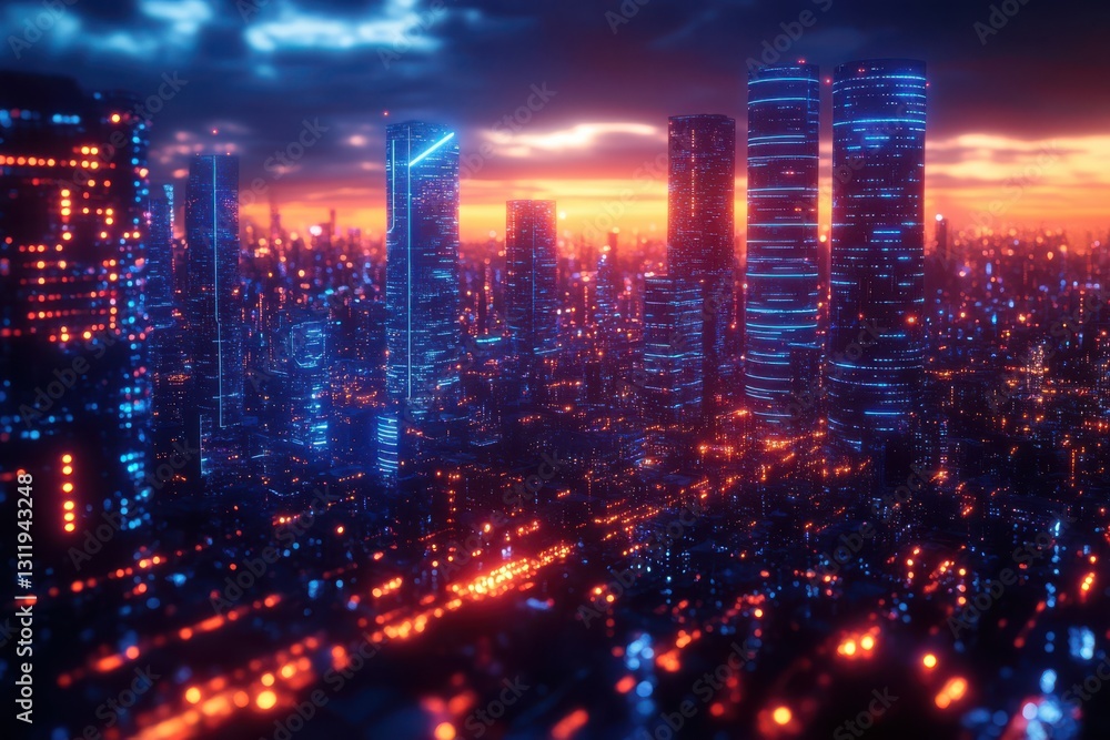 Obraz premium Discover a stunning futuristic cyber cityscape at night, with dazzling illuminated skyscrapers that will transport you to a world of innovation and technology.