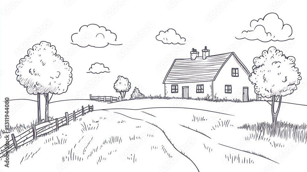 Obraz premium Simple sketch of a countryside farmhouse
