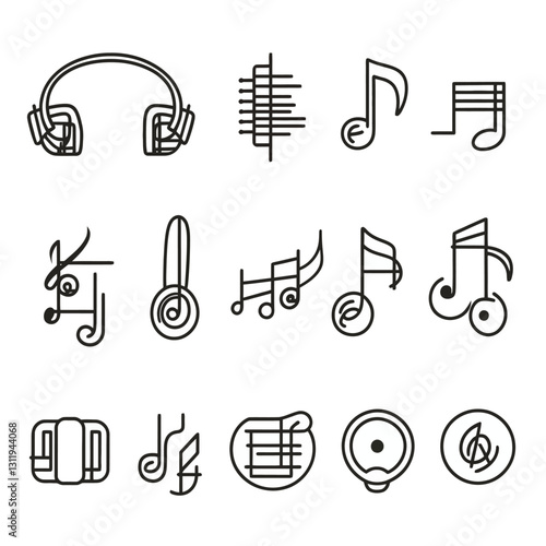 Musical Instruments and Notes Line Art on White Background; Music concept