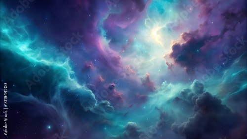 A mesmerizing cosmic scene featuring a colorful nebula with glowing stars. The deep purples and blues create a dreamy, otherworldly aesthetic, evoking mystery and vastness.