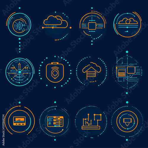 Cloud Computing Security and Data Connection Technology Concept Icons