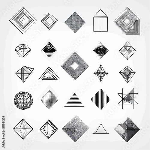 Geometric shapes set on white: abstract lines, diamonds, triangles design