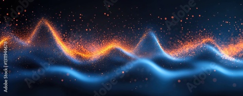 Abstract background banner with sound waves- blue and orange colors- glowing particles- dark sky-blue and navy.