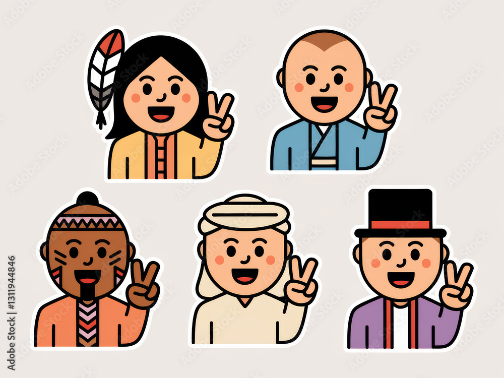 Diverse drawn characters in traditional attire displaying peace signs Diverse drawn characters in traditional attire displaying peace signs