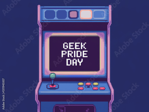 Retro gaming arcade machine celebrating geek pride day with pixel art design