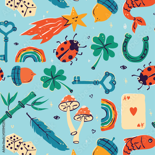 Good luck charms talisman seamless vector pattern. Ladybug, four-leaf clover, Good Luck lettering repeating hand drawn fortune background. Use for New Years, fabric, packaging. Vector illustration.