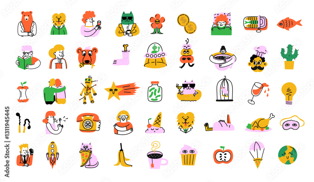 Groovy hipster 90s style avatars stickers illustrations set. Collection of trendy retro doodle illustrations for the patches, stickers, labels, tags, stamps. Groovy hipster 90s style avatars stickers illustrations set. Collection of trendy retro doodle illustrations for the patches, stickers, labels, tags, stamps.