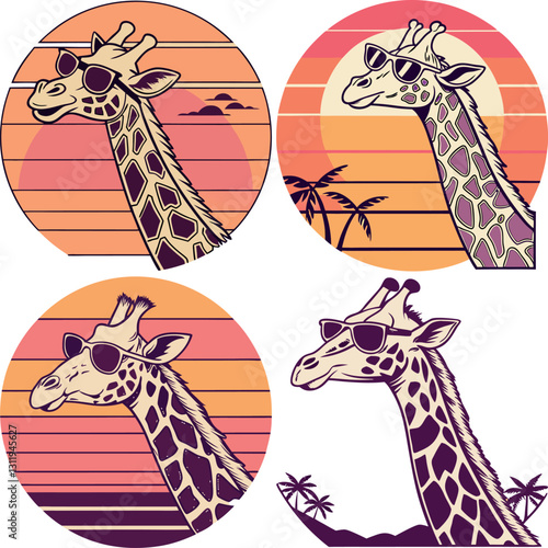 Cool Giraffe Sunset Collection: A charming collection of illustrations featuring cool giraffes sporting sunglasses against vibrant sunset backgrounds, evoking a sense of leisure, style.