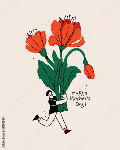 Trendy Mother's Day card, banner, poster, flyer, label or cover with girl and flowers. Spring summer bright abstract floral design template for ads promo.