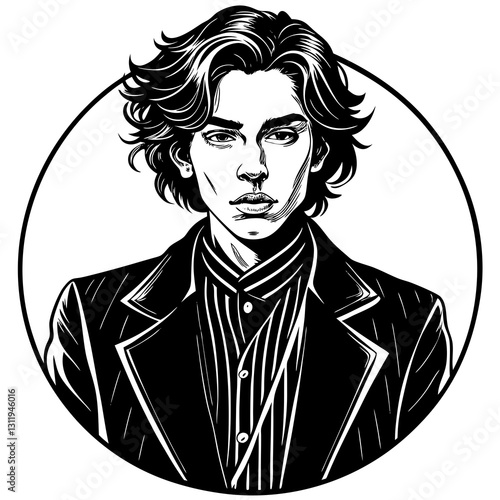 Stylish person in a suit with a serious expression against a circular background