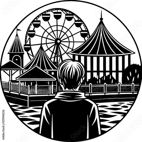 Person at an amusement park gazing at rides and attractions