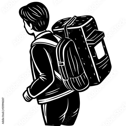 Person carrying a backpack walking away in a minimalistic style