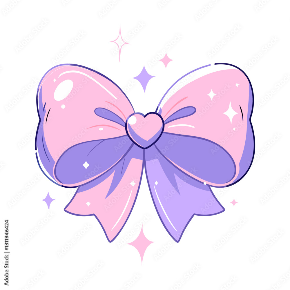 Minimalist vector illustration of a shiny pastel bow with a heart center and sparkles, symbolizing charm, femininity, and decorative accessories. Cute and elegant design. Minimalist vector illustration of a shiny pastel bow with a heart center and sparkles, symbolizing charm, femininity, and decorative accessories. Cute and elegant design.