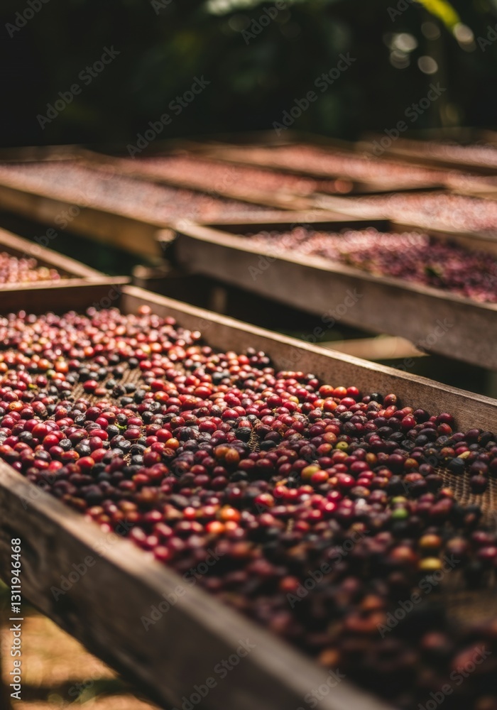 Fototapeta premium Sun-drying freshly harvested coffee cherries on wooden trays outdoors