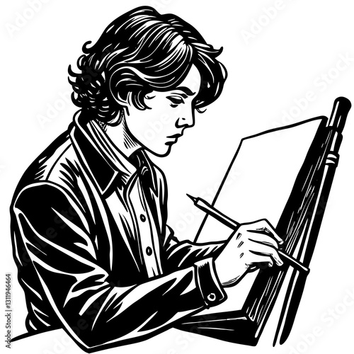 Person drawing with concentration on sketchpad